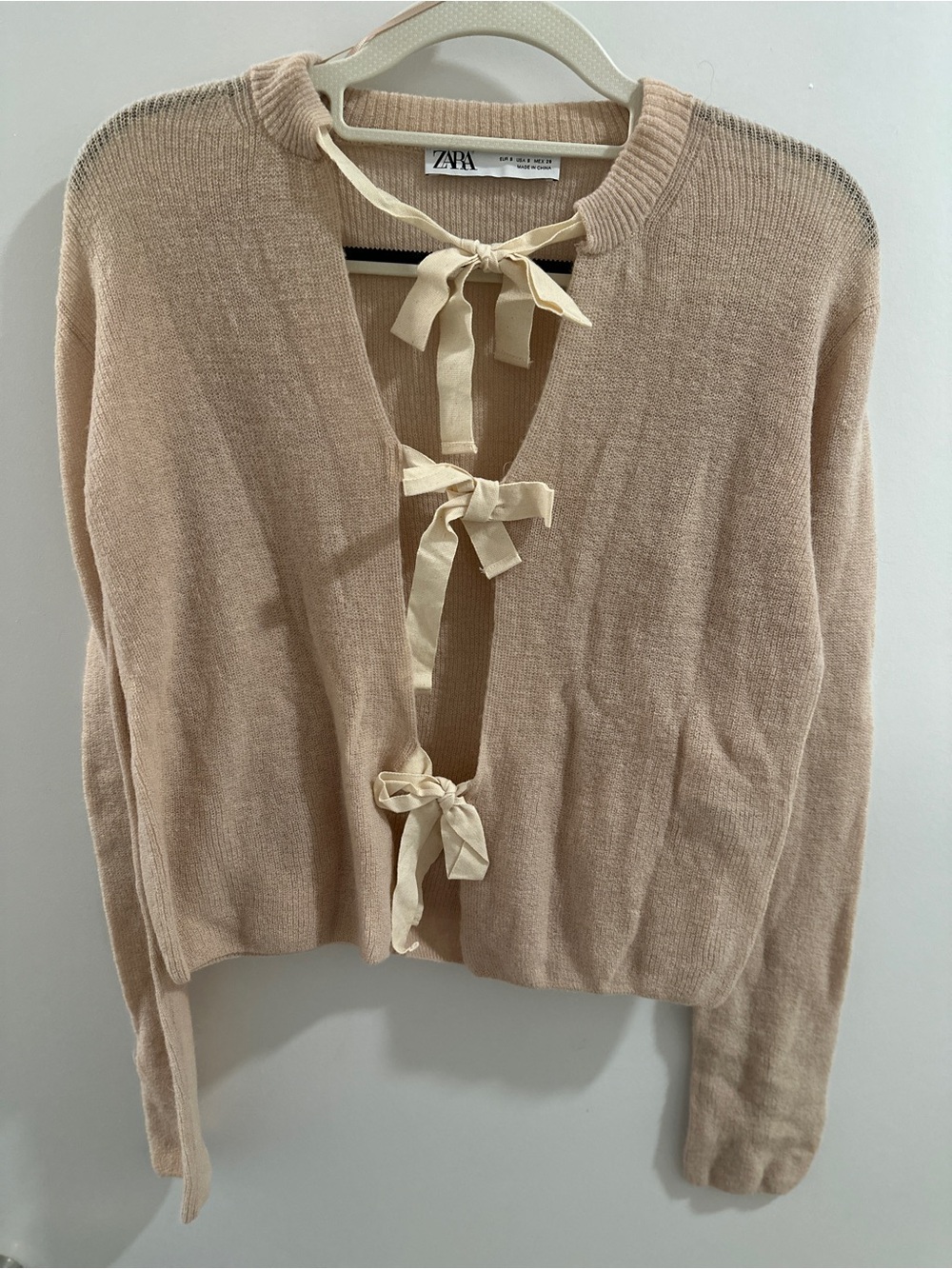 Zara Beige Balletcore Tie-Front Knit Cardigan - Small